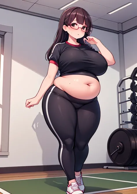 (masterpiece, best quality, highly detailed), 1girls, big belly, huge belly, art by kipteitei, round belly, chubby, curvy, belly grab, enormous belly, fat belly, thicc, bigger belly, really big belly, jiggly belly, glasses, gym clothes, (sweating), very ti...