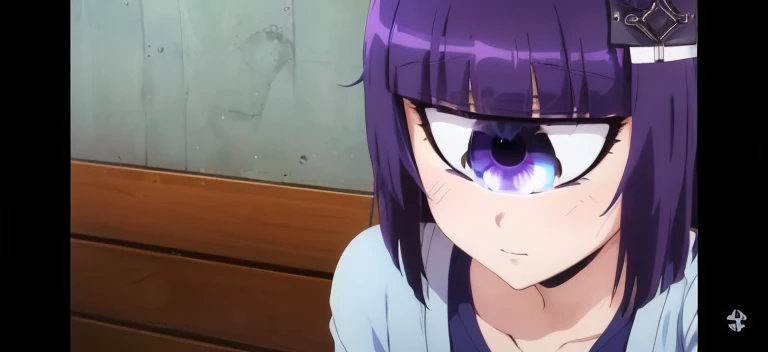 Anime girl with purple hair and blue eyes looking at the camera., close up their yacía, 2 0 1 9 captura de pantalla de anime, hinata hyuga, the anime girl is crouching, Today&#39;s featured anime still., misato katsuragi, Still from the television anime, i...