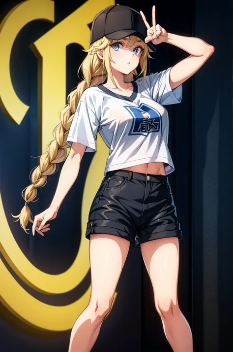 a woman in a baseball cap and shorts making a peace sign with her hands, 1girl, solo, blonde hair, blue eyes, shorts, twin braids, black shorts, hat, braid, long hair, shirt, looking at viewer, baseball cap, breasts, short sleeves, black headwear