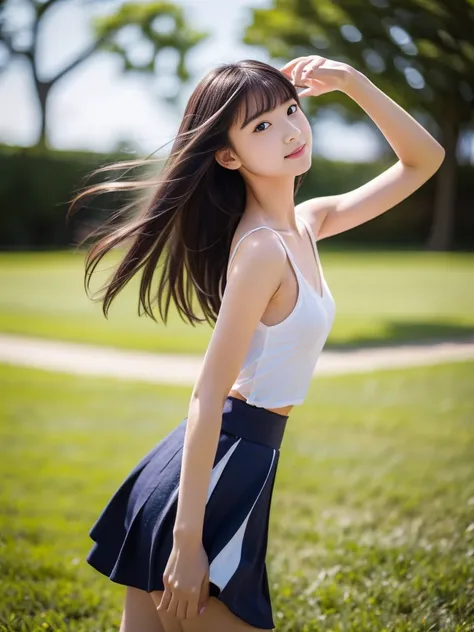 (masterpiece, highest quality:1.4), Award-winning portraits, 8k, 85mm, alone, Beautiful Face, Delicate girl,  (Cheerleader、On the grass), Sophisticated, cute, 15 years old, RAW Photos, Confused, High resolution, Sharp focus, Background blur、(((Flat  、thin ...