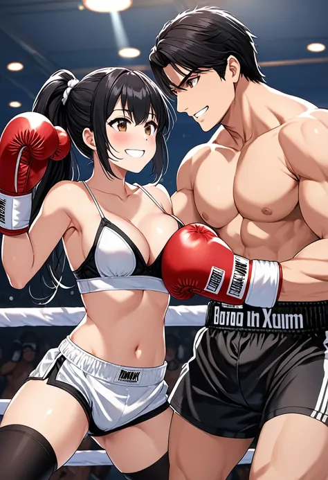 high quality, girl, Long black hair tied into a ponytail, Brown eyes, Smile,blush,Wearing black low-cut underwear, Black stockings，Black briefs，Wearing white boxing gloves, Hands in boxing gloves，Cross your arms，Cleavage，nipple，Ride on the opponent and pun...