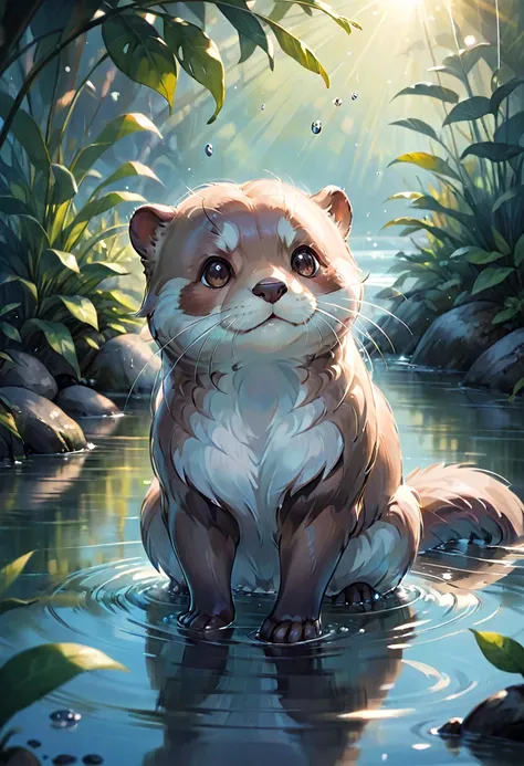 An Otter, aesthetic, (best quality,4k,8k,highres,masterpiece:1.2),ultra-detailed,(realistic:1.37),Otter,playful,adorable,curious,watercolor painting,with beautiful fur,sparkling eyes,expressive face,natural habitat,splashing water,greenery,morning light,pe...