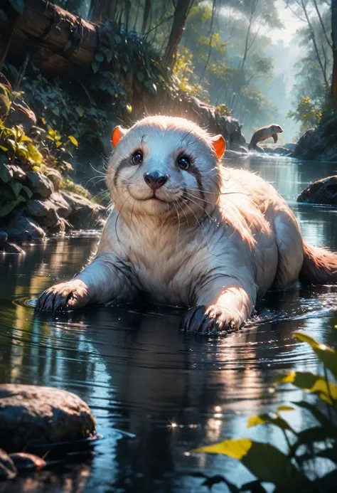 An Otter, aesthetic, (best quality,4k,8k,highres,masterpiece:1.2),ultra-detailed,(realistic:1.37),Otter,playful,adorable,curious,watercolor painting,with beautiful fur,sparkling eyes,expressive face,natural habitat,splashing water,greenery,morning light,pe...