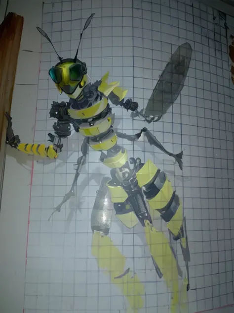 drawing of a Abeja with goggles on its head and legs, human structure Abeja concept art, ant humanoid, avispa, insecto, cyborg avispa, arte tradicional, (Abeja), que parece un insectoo, un lobo mosquito humanoide, insectooid, cyberpunk Abeja, based on bumb...