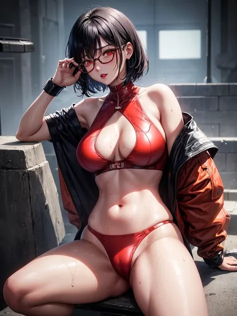 Beautiful girl,Korea, sitting on magma, futuristic,
 18 years old,Short hair, shoulder length,black hair, big breasts,wet, sweat, camel toe, red lips ,Wear glasses,
White underwear, sexy pose,
 red eyes,  Behind the scenes of the high-tech world, Squat and...