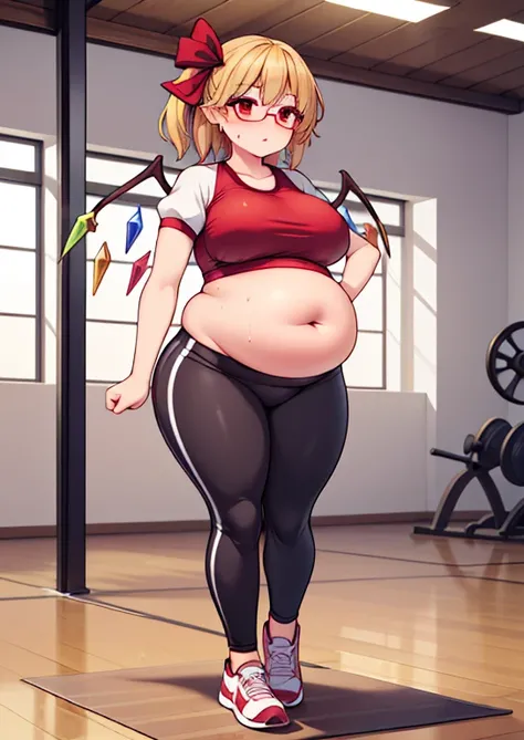 (masterpiece, best quality, highly detailed), 1girls, big belly, huge belly, art by kipteitei, round belly, chubby, curvy, belly grab, enormous belly, fat belly, thicc, bigger belly, really big belly, jiggly belly, glasses, gym clothes, ((sweating)), very ...