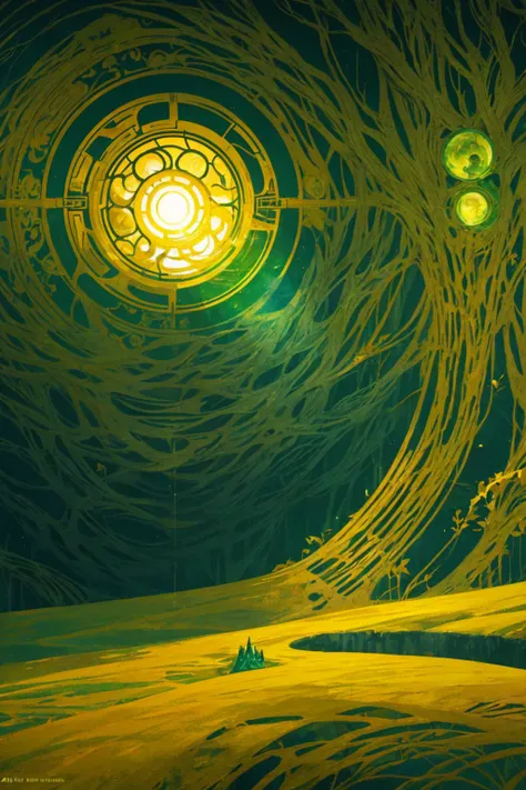 opening of the mind into utopia, utopiasphere, abstract art, trees, circular warm colors contrasting with nature, long landscape of beauty and balance, (dark green flow of a background), (golden machinery), (golden machinery organs of body)