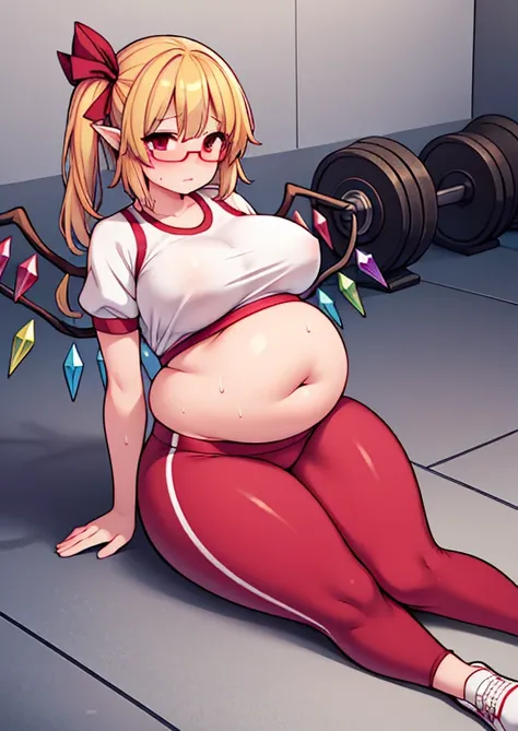 (masterpiece, best quality, highly detailed), 1girls, big belly, huge belly, art by kipteitei, round belly, chubby, curvy, belly grab, enormous belly, fat belly, thicc, bigger belly, really big belly, jiggly belly, glasses, gym clothes, ((sweating)), very ...