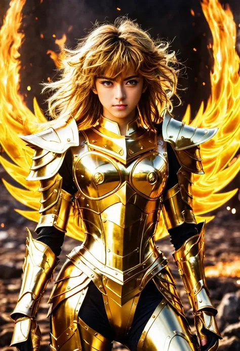 (Masterpiece), (Best Quality), (1 Girl), Girl in Golden Armor, Cool Pose, Battlefield Background, Fire Background, Saint Seiya Armor, Messy Hair, Broken Armor, Ragged Clothes