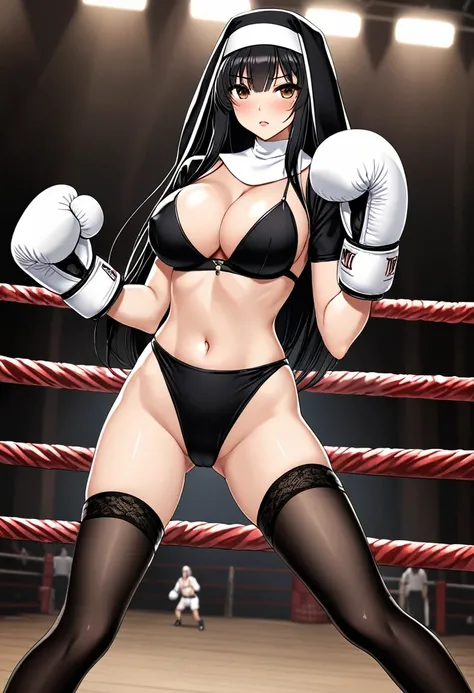 high quality, girl, Long black straight hair, Brown eyes, provocative,blush,Dressed as a nun, Black garter stockings，Wearing white boxing gloves, Hands in boxing gloves，Cleavage，nipple，Long legs，Back against the ring ropes