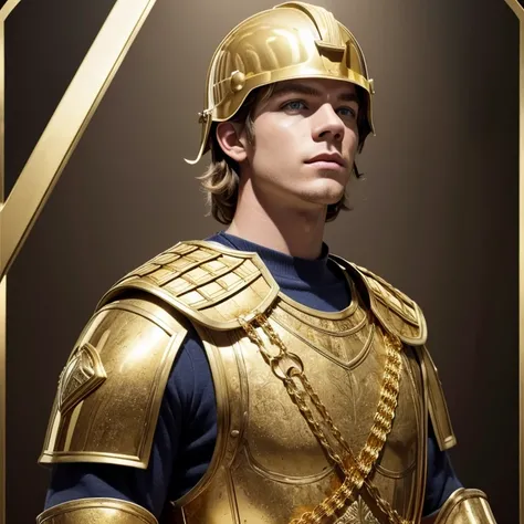 Tarot card, Ross Lynch as a Roman soldier, front-facing, gold armor, {{{gold Roman helmet}}}, galea, Roman gold chest plate, {{{hands together making a heart}}}, gold background, looking into camera, photorealistic, BUREL text at bottom