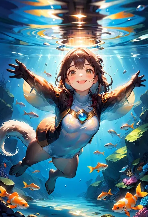 An Otter, Happy otter swimming underwater, smiling. The picture should evoke a feeling of exuberance and happiness. Background is a beautiful river filled with fish, daytime sky, realistic colors : Insanely Detailed :: by Pino_Daeni, Jeremy_Mann, Carne_Gri...