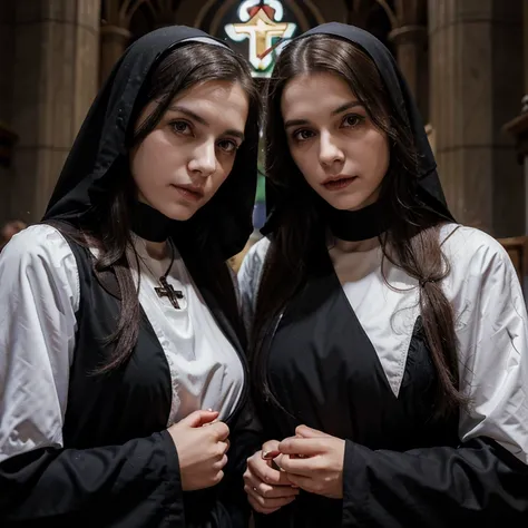 Make two twin sisters who are nuns in the middle ages catholic church , who are vampires , a sister has a more serious and strict appearance , the other sweeter but morbid , tem aproximadamente 29 anos 