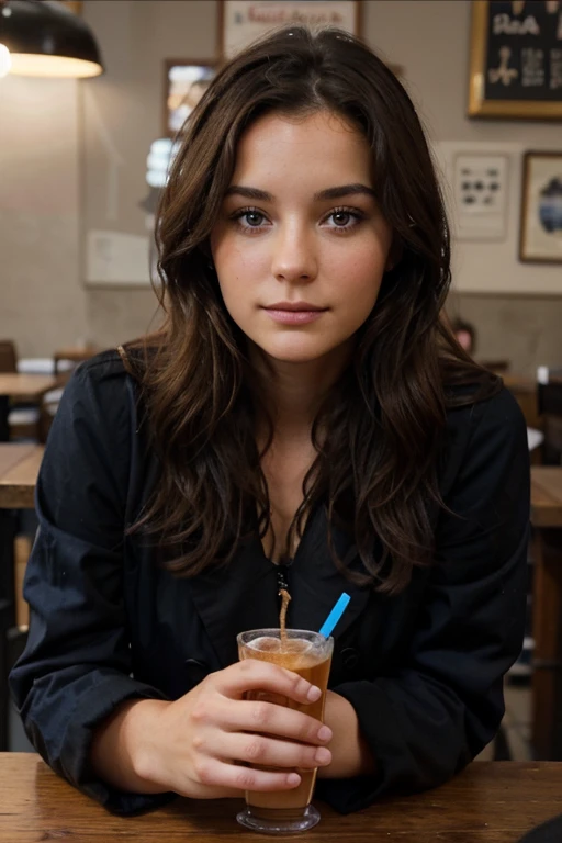 Belle brune aux mèches bleue portant une veste noir (in a cafe drinking soda), Very detailed, 22 ans, pauvre, Seins, visage innocent, natural wavy hair, yeux bleus, High accuracy, chef-d&#39;artwork, best quality, intricate and high details, Very detailed,...