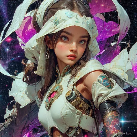 there is a screenshot of a woman in a space suit, cosmic girl, event, cosmic entity, incrinate content details, endless cosmos in the background, historical event, real event, astral background, cosmic background, cosmic goddess, cyborg goddess in cosmos, ...