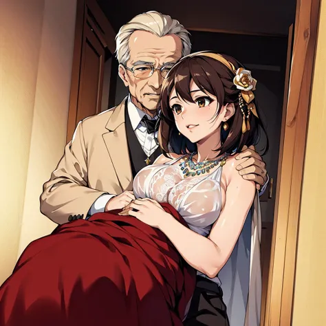 ((highest quality)), ((masterpiece)), (detailed), （Perfect Face）、The woman is Haruhi Suzumiya, with short brown hair and the wife of a 70-year-old man.、（The woman is wearing a gorgeous, see-through dress and cape with gorgeous embroidery and extravagant fu...