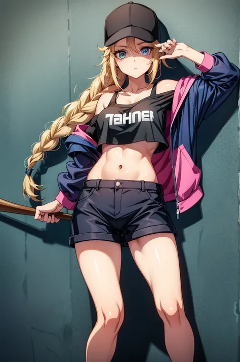 a woman in a baseball cap and shorts, posing with a bat, and leaning on a wall, 1girl, hat, braid, baseball cap, blue eyes, navel, shorts, blonde hair, solo, long hair, jacket, crop top, off shoulder, twin braids, midriff, breasts