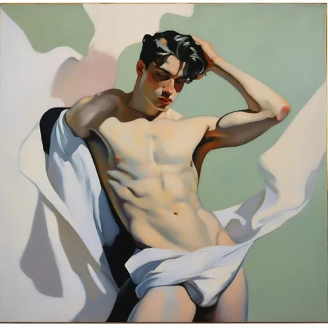 chiaroscuro technique on sensual illustration of an arafed man in white, sexy masculine, male model, by Malcom Liepke, model with attractive body, inspired by Ludovit Fulla, mid-shot of a hunky, the model draped in flowing, thick oil painting by Harumi Hir...