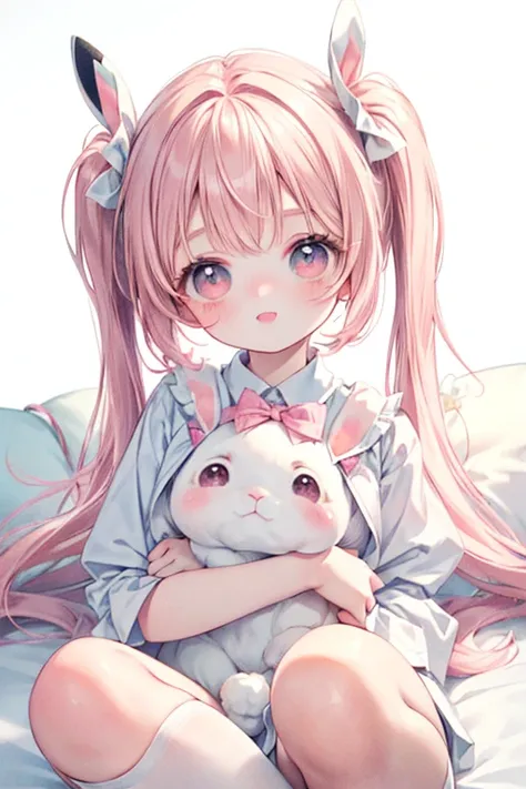 masterpiece, 最high quality, high quality, Super detailed, close,  Pastel pink twin tails, Pale pink streaks, holding a stuffed Lovely rabbit, smile, cute, Pink Theme, Lovely, Lolita Fashion, (((White Background))), (((No background)))Lying in bed,Peaceful ...