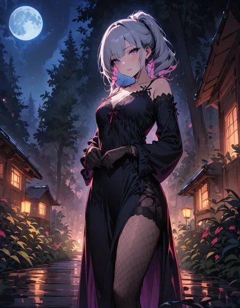 ((SFW)), (masterpiece, best quality, highres), night, full moon, 1 adult female, solo, nighttime, forest, wooden path, standing, standing on a wooden path, ((comfortable night gown)), long silver hair, pale pink lips, Fishnet tights, blush, three bangs, la...