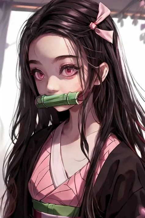 one girl, bamboo, bit gag, black hair, checkerboard, checkerboard heart, clavicle, amount, gag, gagged, gradient hair, hair ribb...