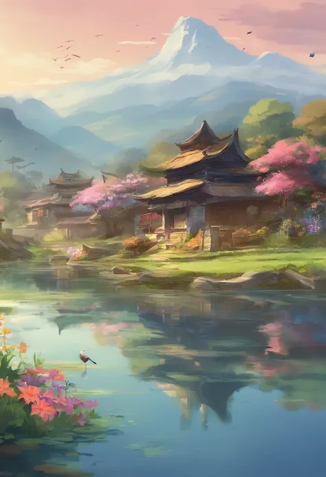 Ancient traditional village with mountain background, pond in garden, two people work farming. Little bird flying,  some garden have beautiful flowers.  