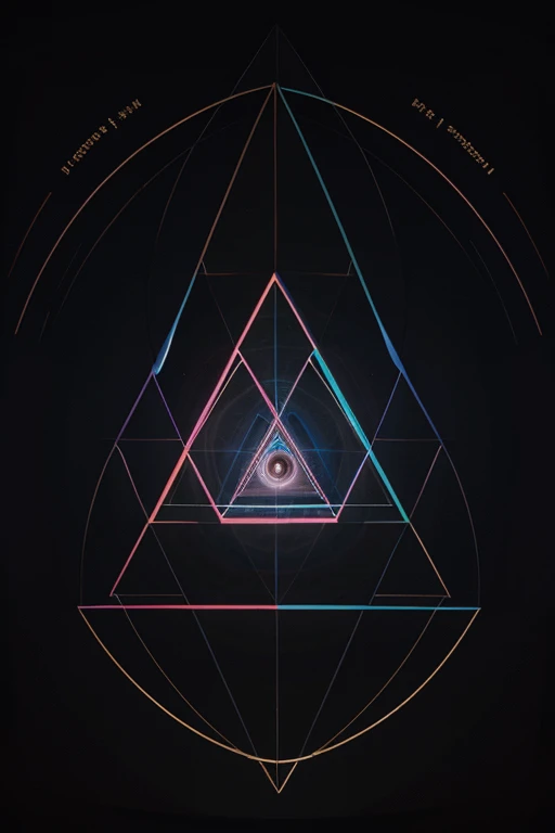 
"A mystical eye within an equilateral triangle, with the numbers 3, 6 and 9 at each point of the triangle. Behind the triangle, a spiral with 18 circles"