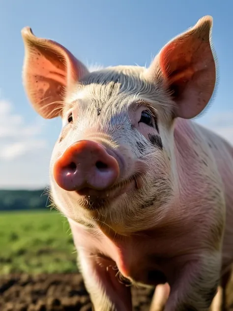 close-up portrait of a pig&#39;s head with striking blue eyes and freckles, happy