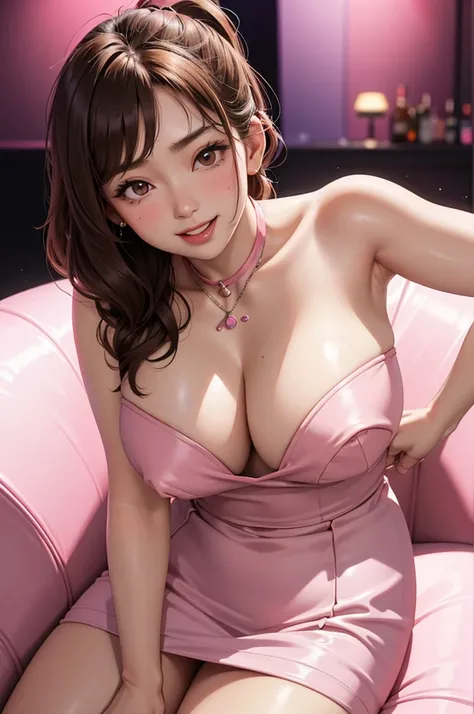 masterpiece,ultra detailed,(nipple-baring,revealing and halterneck sexy dress:1.3),look at viewer,thick arms,gyaru,gal,light brown hair,21 years old,(tareme),(2females:1.3),curvy adult females,oval face,sweaty,(at nightclub,danceclub,dark pink light:1.3),(...