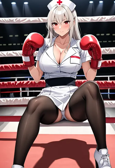 high quality,Mature beauty,White straight hair,Red Eyes,shy,blush,Wearing nurse uniform,Black stockings,High heel,Wearing boxing gloves,Cleavage,Large Breasts,Camel toe,Long legs,Thin waist,Vest line,Absolute Domain,Sitting in the boxing ring with legs spr...