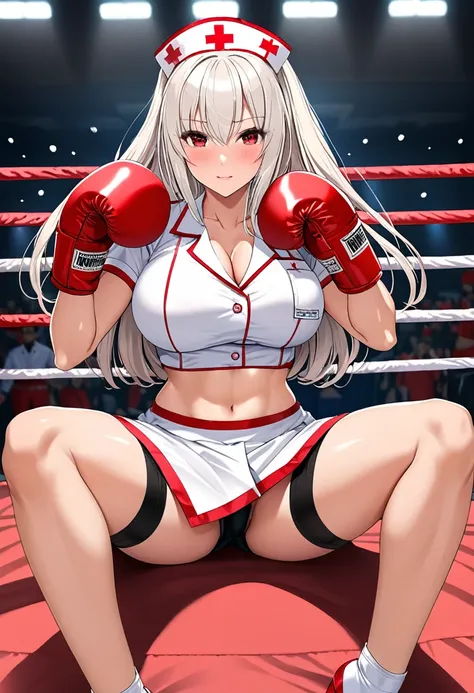 high quality,Mature beauty,White straight hair,Red Eyes,shy,blush,Wearing nurse uniform,Black stockings,High heel,Wearing boxing gloves,Cleavage,Large Breasts,Camel toe,Long legs,Thin waist,Vest line,Absolute Domain,Sitting in the boxing ring with legs spr...