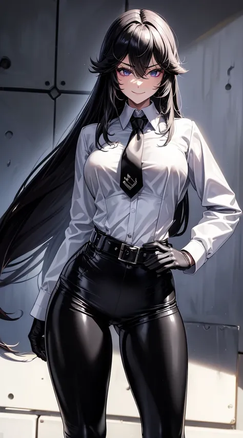 (Yaedef:1.4), 8k, highres, ultra detailed, (masterpiece:1.4), best quality, symmetrical body, (white collared shirt:1.4), (completely black leather leggins:1.4), cute, solo, long hair, black hair, purple eyes, beautiful eyes, finely eye, wide smile, detail...