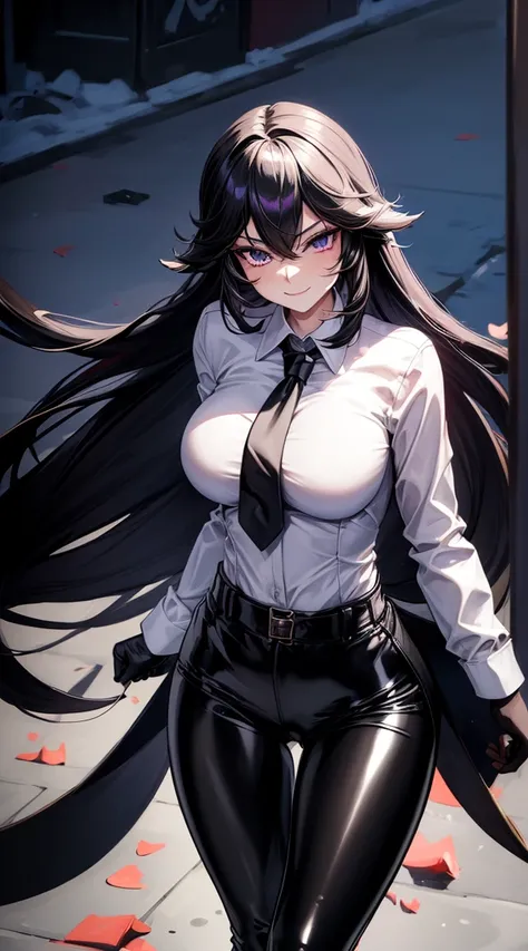 (Yaedef:1.4), 8k, highres, ultra detailed, (masterpiece:1.4), best quality, symmetrical body, (white collared shirt:1.4), (completely black leather leggins:1.4), cute, solo, long hair, black hair, purple eyes, beautiful eyes, finely eye, wide smile, detail...