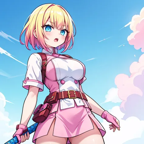 gwenpool, 1girl, weapon, blonde hair, multicolored hair, solo, blue eyes, sword, pouch, superhero, short hair, gradient hair, open mouth, belt, two-tone hair, pink hair, breasts, gloves, belt pouch