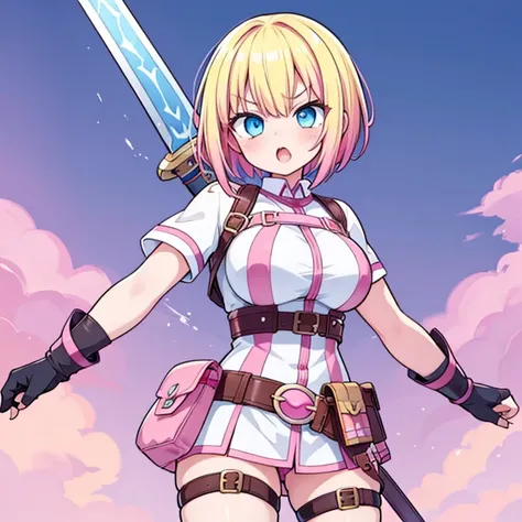 gwenpool, 1girl, weapon, blonde hair, multicolored hair, solo, blue eyes, sword, pouch, superhero, short hair, gradient hair, op...