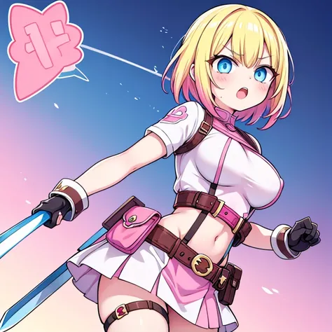 gwenpool, 1girl, weapon, blonde hair, multicolored hair, solo, blue eyes, sword, pouch, superhero, short hair, gradient hair, open mouth, belt, two-tone hair, pink hair, breasts, gloves, belt pouch