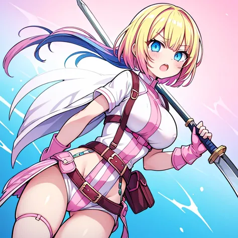 gwenpool, 1girl, weapon, blonde hair, multicolored hair, solo, blue eyes, sword, pouch, superhero, short hair, gradient hair, open mouth, belt, two-tone hair, pink hair, breasts, gloves, belt pouch