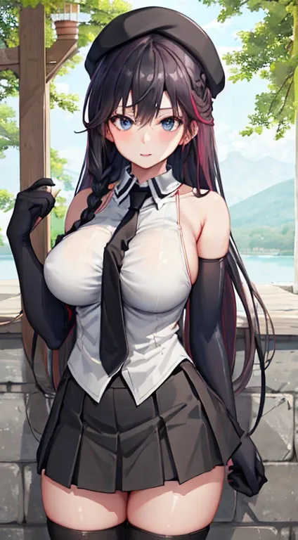 masterpiece, best quality, highres,lilith1, 1girl, solo, braid, black hair, hat, beret, elbow gloves, black thighhighs, sleeveless, black gloves, black necktie, sleeveless shirt, large breasts, bare shoulders, pleated skirt, black skirt, white shirt, minis...