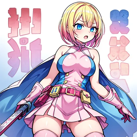 gwenpool, 1girl, weapon, blonde hair, multicolored hair, solo, blue eyes, sword, pouch, superhero, short hair, gradient hair, open mouth, belt, two-tone hair, pink hair, breasts, gloves, belt pouch