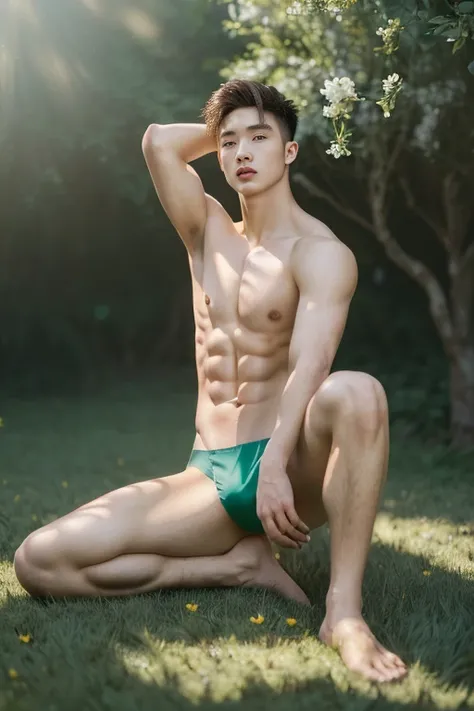 1Man, ((male model )) heaty skin, masterpiece, best quality,  most handsome man in the world, by Shen Quan, prefect body, beautiful male model, an attractive man 18-24 years old aesthetic, at spring flower booming, green fields, spring, plains, trees, flow...