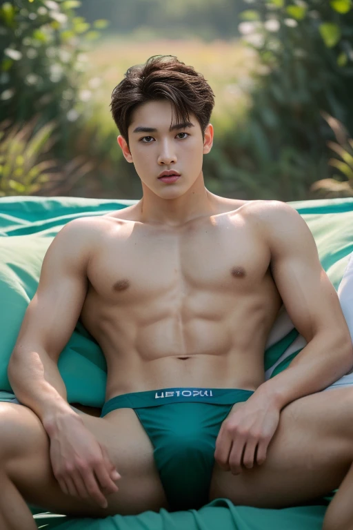 2 Man, ((male models )) heaty skin, masterpiece, best quality, most handsome man in the world, by Kim Soo-hyun, prefect body, beautiful male model, an attractive man 18-24 years old aesthetic, at spring flower booming, green fields, spring, plains, trees, ...