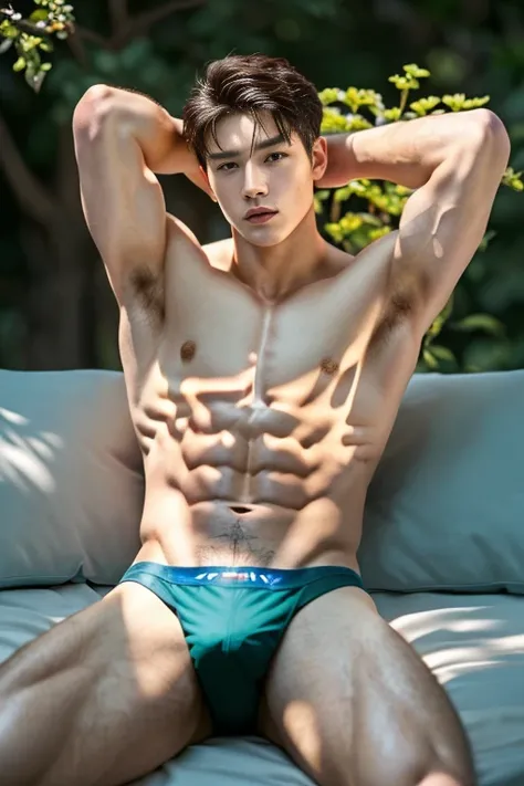 2 Man, ((male models )) heaty skin, masterpiece, best quality, most handsome man in the world, by Kim Soo-hyun, prefect body, beautiful male model, an attractive man 18-24 years old aesthetic, at spring flower booming, green fields, spring, plains, trees, ...