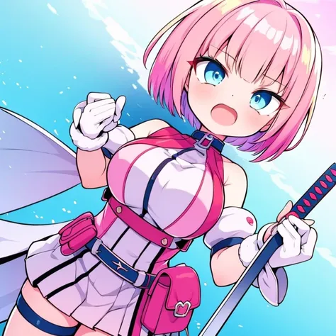 gwenpool, 1girl, weapon, blonde hair, multicolored hair, solo, blue eyes, sword, pouch, superhero, short hair, gradient hair, open mouth, belt, two-tone hair, pink hair, breasts, gloves, belt pouch