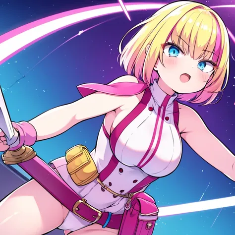 gwenpool, 1girl, weapon, blonde hair, multicolored hair, solo, blue eyes, sword, pouch, superhero, short hair, gradient hair, open mouth, belt, two-tone hair, pink hair, breasts, gloves, belt pouch