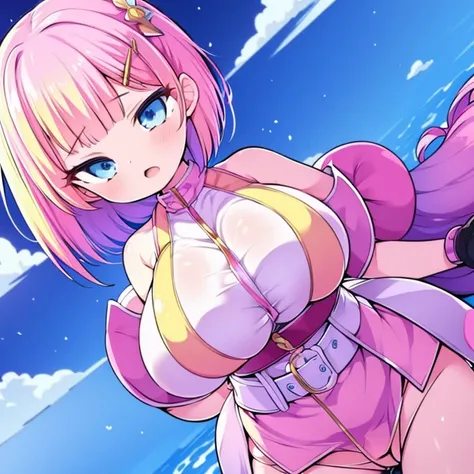 gwenpool, 1girl, weapon, blonde hair, multicolored hair, solo, blue eyes, sword, pouch, superhero, short hair, gradient hair, open mouth, belt, two-tone hair, pink hair, breasts, gloves, belt pouch