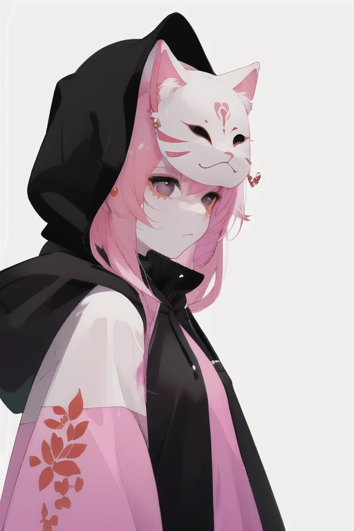 pink theme,anbu,1girl,pink hair,no human,closed mouth,cloak,hood up,simple background,solo,