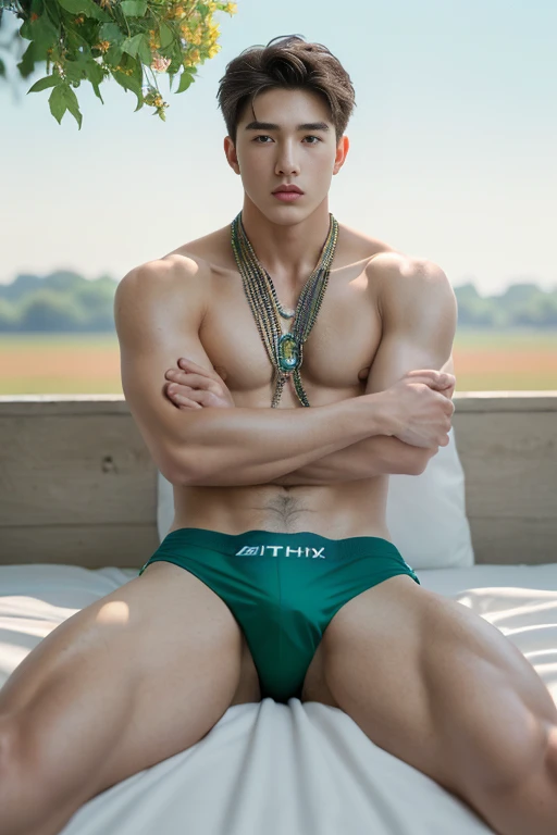 2 Man, ((male models )) heaty skin, masterpiece, best quality, most handsome man in the world, by Kim Soo-hyun, prefect body, beautiful male model, an attractive man 18-24 years old aesthetic, at spring flower booming, green fields, spring, plains, trees, ...