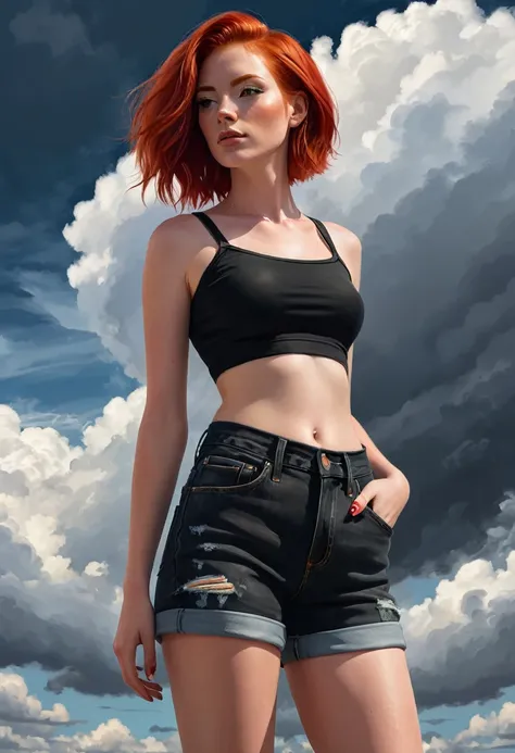 A digital painting of a red-haired woman in a black crop top and jean shorts, standing in front of a cloudy sky.