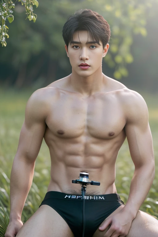 2 Man, ((male models )) heaty skin, masterpiece, best quality, most handsome man in the world, by Kim Soo-hyun, prefect body, beautiful male model, an attractive man 18-24 years old aesthetic, at spring flower booming, green fields, spring, plains, trees, ...