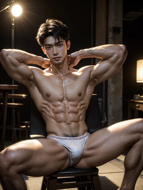 Masterpiece, Best Quality, Asian Model Men, muscular, white skin, lifted arms, spread legs, sitting, sexy bikini, studio background, standing, hard lighting, Natural eyes, Short and delicate black hair, Sexy Men, looking at the viewer, shirtless, Small plo...